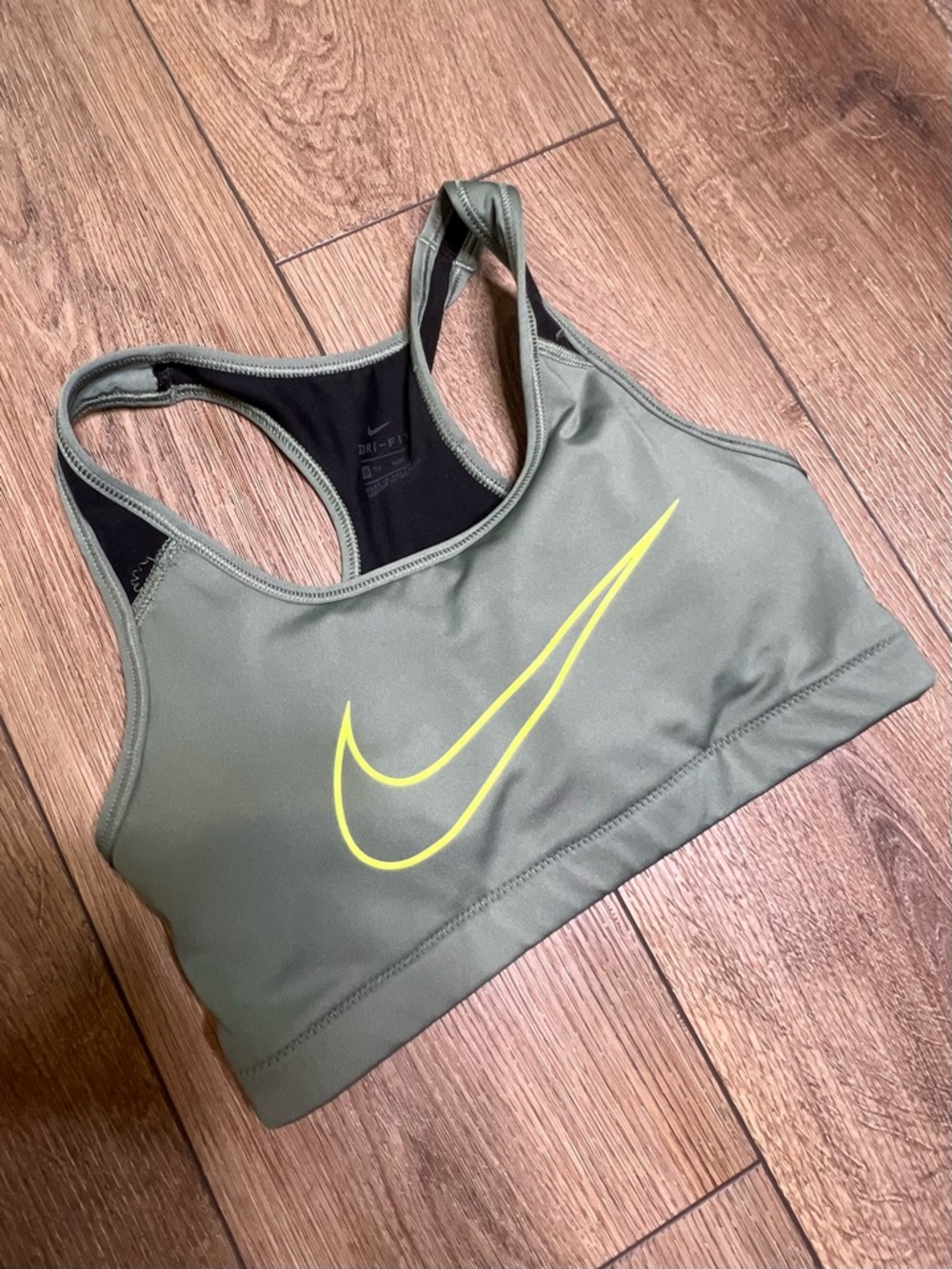 Nike Olive Green Sports Bra with Neon Yellow Swoosh